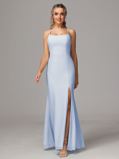 Spaghetti Straps Cross Back Chiffon Bridesmaid Dress