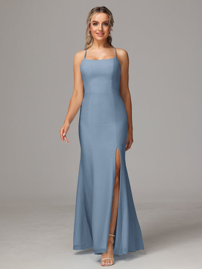 Spaghetti Straps Cross Back Chiffon Bridesmaid Dress