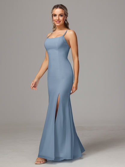 Spaghetti Straps Cross Back Chiffon Bridesmaid Dress