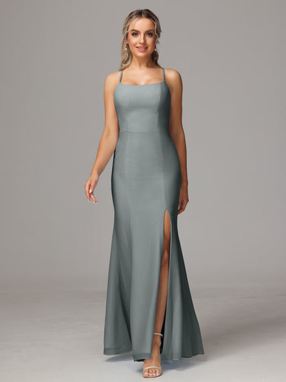 Spaghetti Straps Cross Back Chiffon Bridesmaid Dress