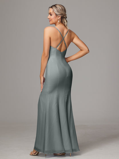Spaghetti Straps Cross Back Chiffon Bridesmaid Dress