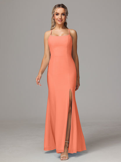 Spaghetti Straps Cross Back Chiffon Bridesmaid Dress