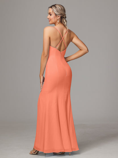 Spaghetti Straps Cross Back Chiffon Bridesmaid Dress