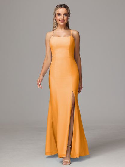 Spaghetti Straps Cross Back Chiffon Bridesmaid Dress