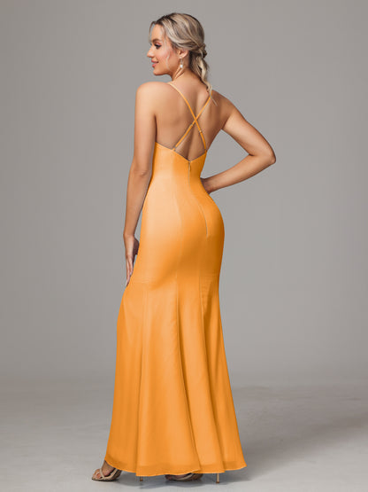 Spaghetti Straps Cross Back Chiffon Bridesmaid Dress