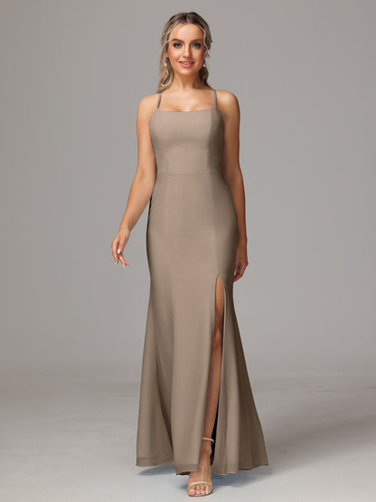 Spaghetti Straps Cross Back Chiffon Bridesmaid Dress