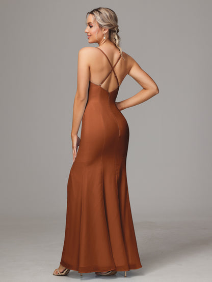Spaghetti Straps Cross Back Chiffon Bridesmaid Dress