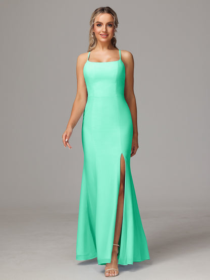 Spaghetti Straps Cross Back Chiffon Bridesmaid Dress