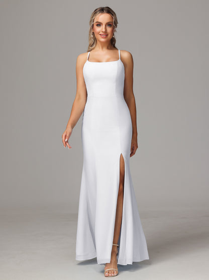 Spaghetti Straps Cross Back Chiffon Bridesmaid Dress