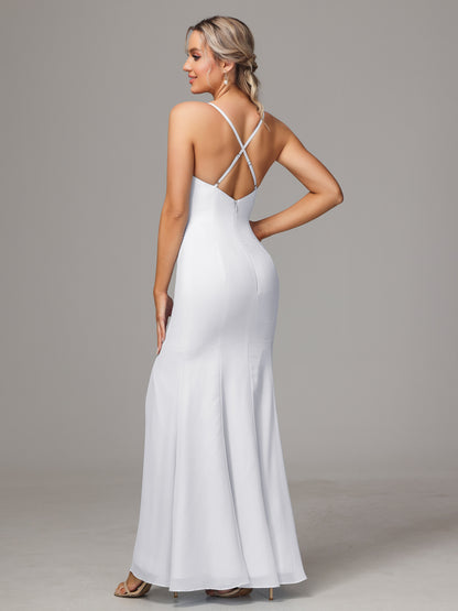 Spaghetti Straps Cross Back Chiffon Bridesmaid Dress
