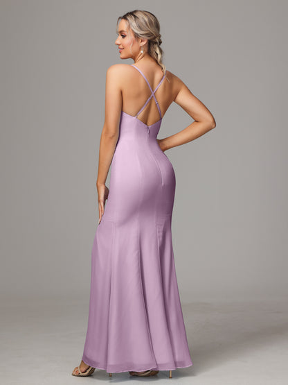 Spaghetti Straps Cross Back Chiffon Bridesmaid Dress
