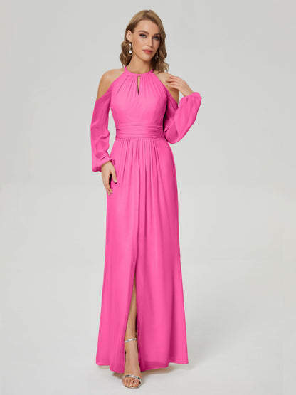 Phoebe Long Sleeves Column Chiffon Bridesmaid Dress
