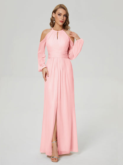 Phoebe Long Sleeves Column Chiffon Bridesmaid Dress
