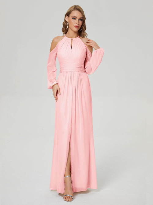 Phoebe Long Sleeves Column Chiffon Bridesmaid Dress