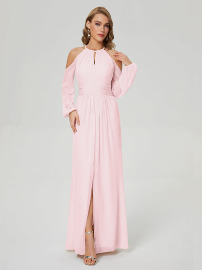 Phoebe Long Sleeves Column Chiffon Bridesmaid Dress