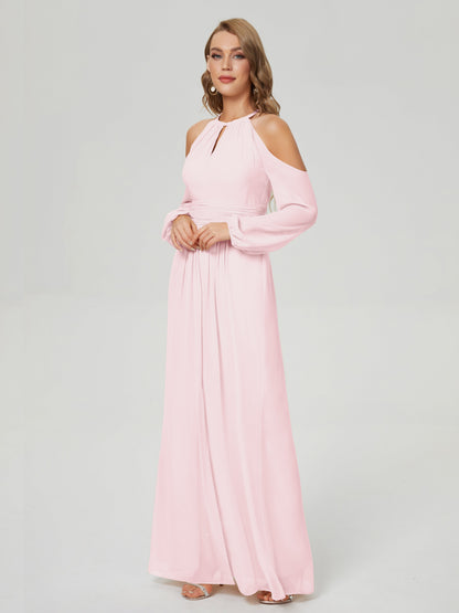 Phoebe Long Sleeves Column Chiffon Bridesmaid Dress