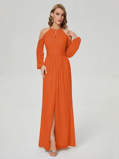 Phoebe Long Sleeves Column Chiffon Bridesmaid Dress
