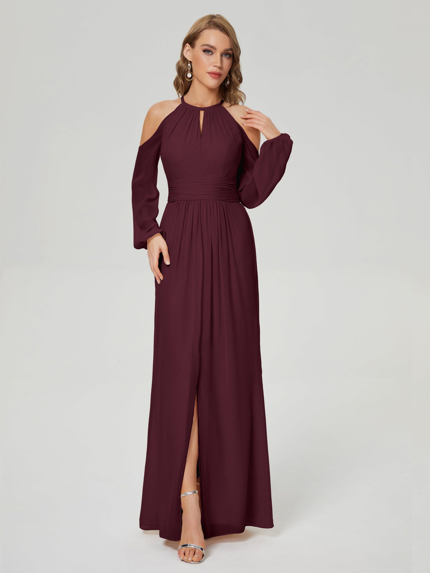 Phoebe Long Sleeves Column Chiffon Bridesmaid Dress