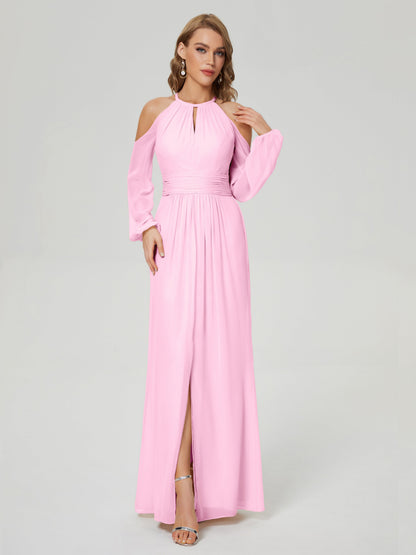Phoebe Long Sleeves Column Chiffon Bridesmaid Dress