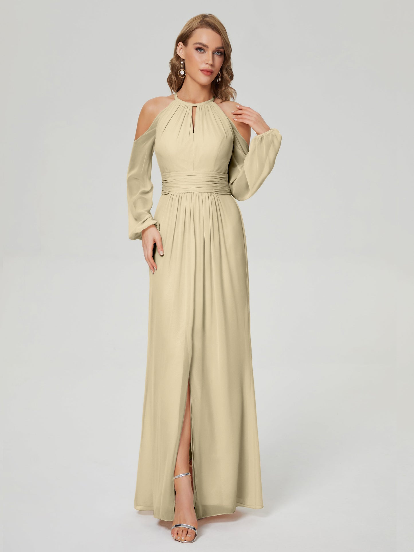 Phoebe Long Sleeves Column Chiffon Bridesmaid Dress