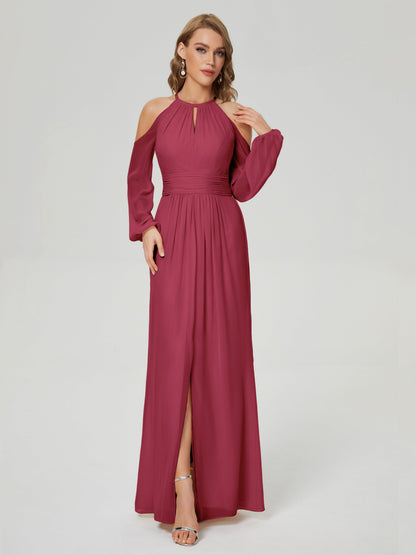 Phoebe Long Sleeves Column Chiffon Bridesmaid Dress