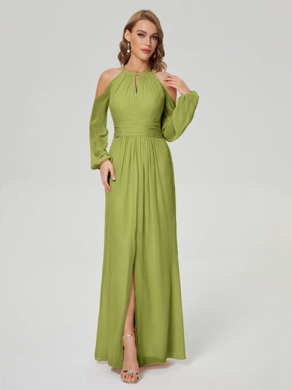 Phoebe Long Sleeves Column Chiffon Bridesmaid Dress