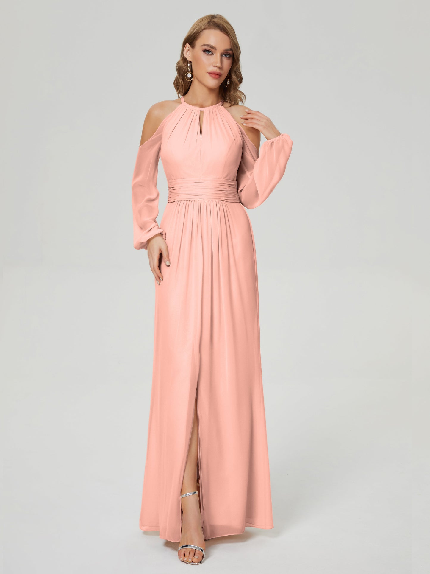 Phoebe Long Sleeves Column Chiffon Bridesmaid Dress