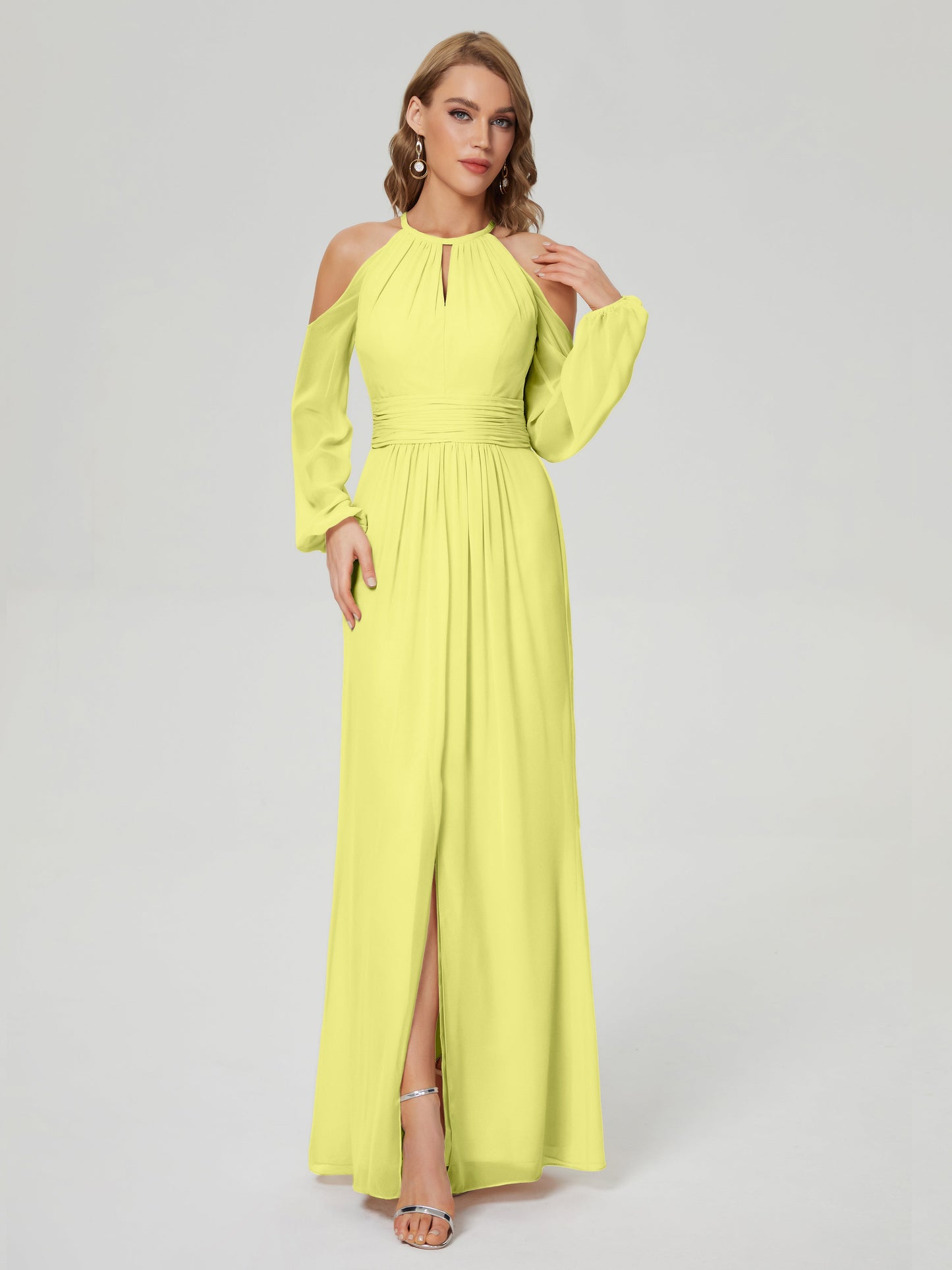 Phoebe Long Sleeves Column Chiffon Bridesmaid Dress