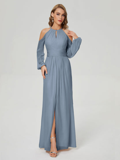 Phoebe Long Sleeves Column Chiffon Bridesmaid Dress
