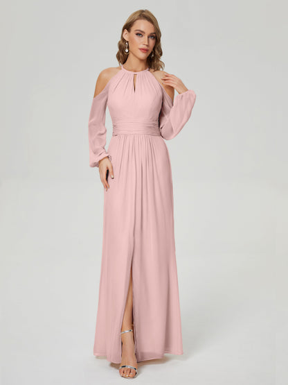 Phoebe Long Sleeves Column Chiffon Bridesmaid Dress