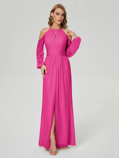 Phoebe Long Sleeves Column Chiffon Bridesmaid Dress