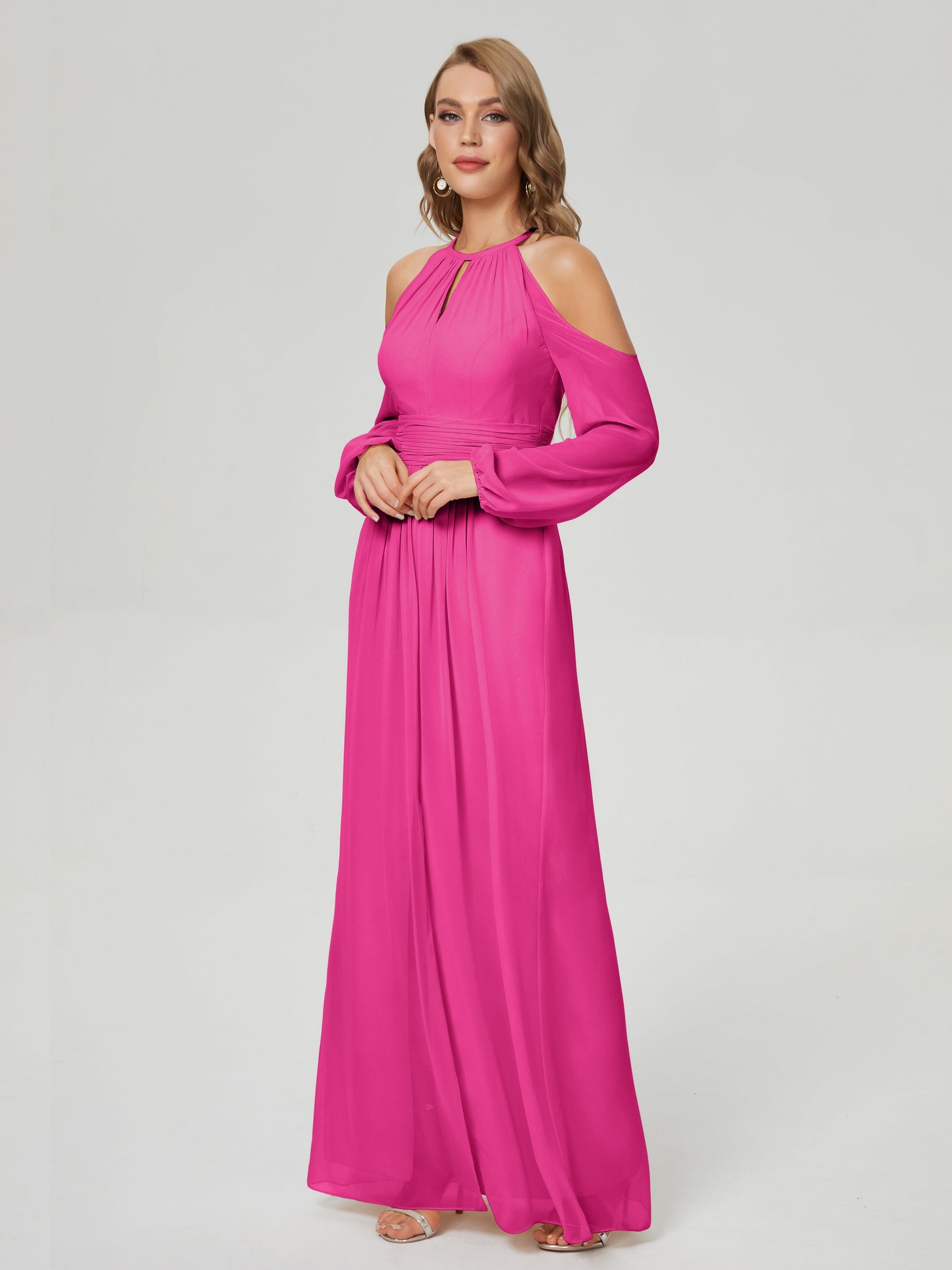Phoebe Long Sleeves Column Chiffon Bridesmaid Dress