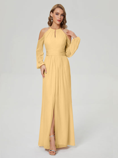Phoebe Long Sleeves Column Chiffon Bridesmaid Dress
