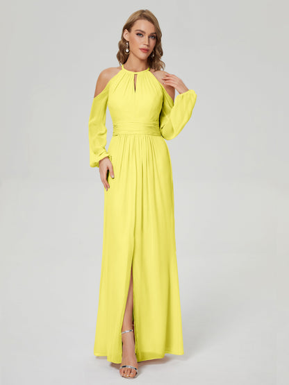 Phoebe Long Sleeves Column Chiffon Bridesmaid Dress