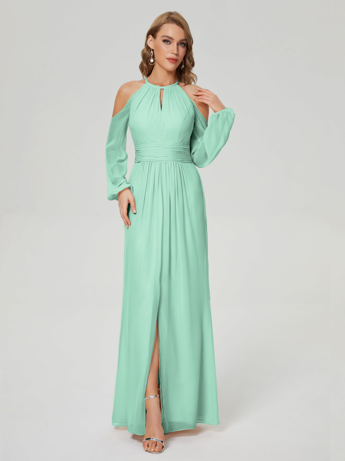Phoebe Long Sleeves Column Chiffon Bridesmaid Dress