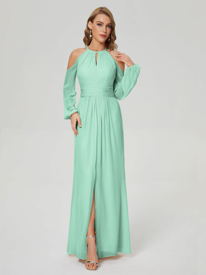 Phoebe Long Sleeves Column Chiffon Bridesmaid Dress