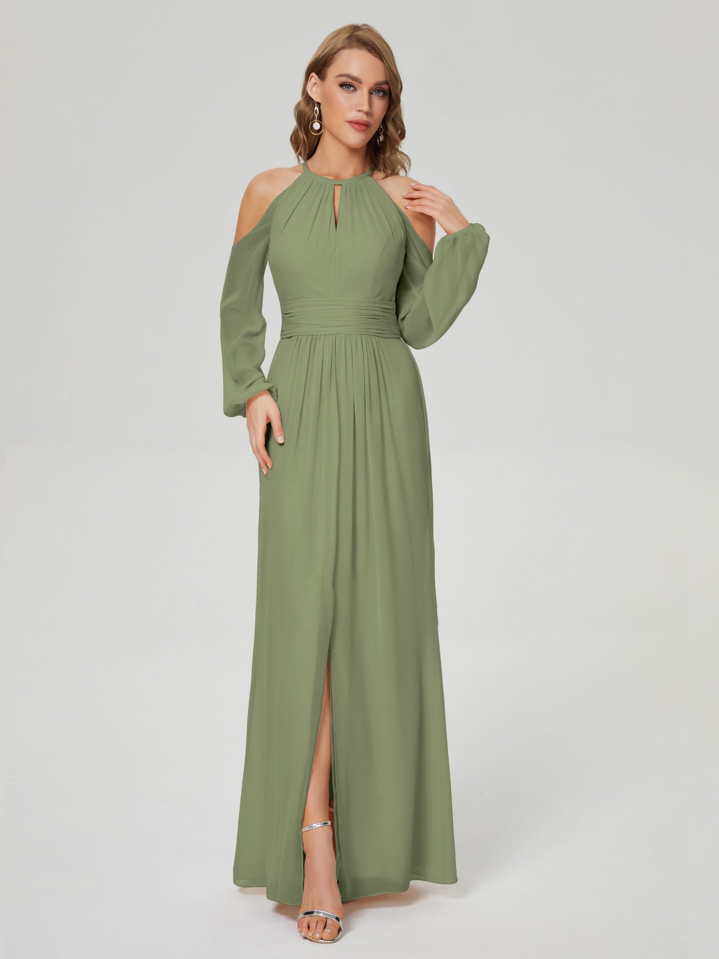Phoebe Long Sleeves Column Chiffon Bridesmaid Dress