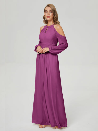 Phoebe Long Sleeves Column Chiffon Bridesmaid Dress