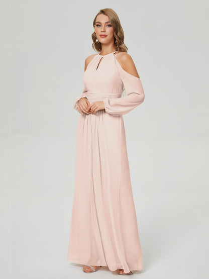 Phoebe Long Sleeves Column Chiffon Bridesmaid Dress