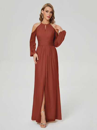 Phoebe Long Sleeves Column Chiffon Bridesmaid Dress