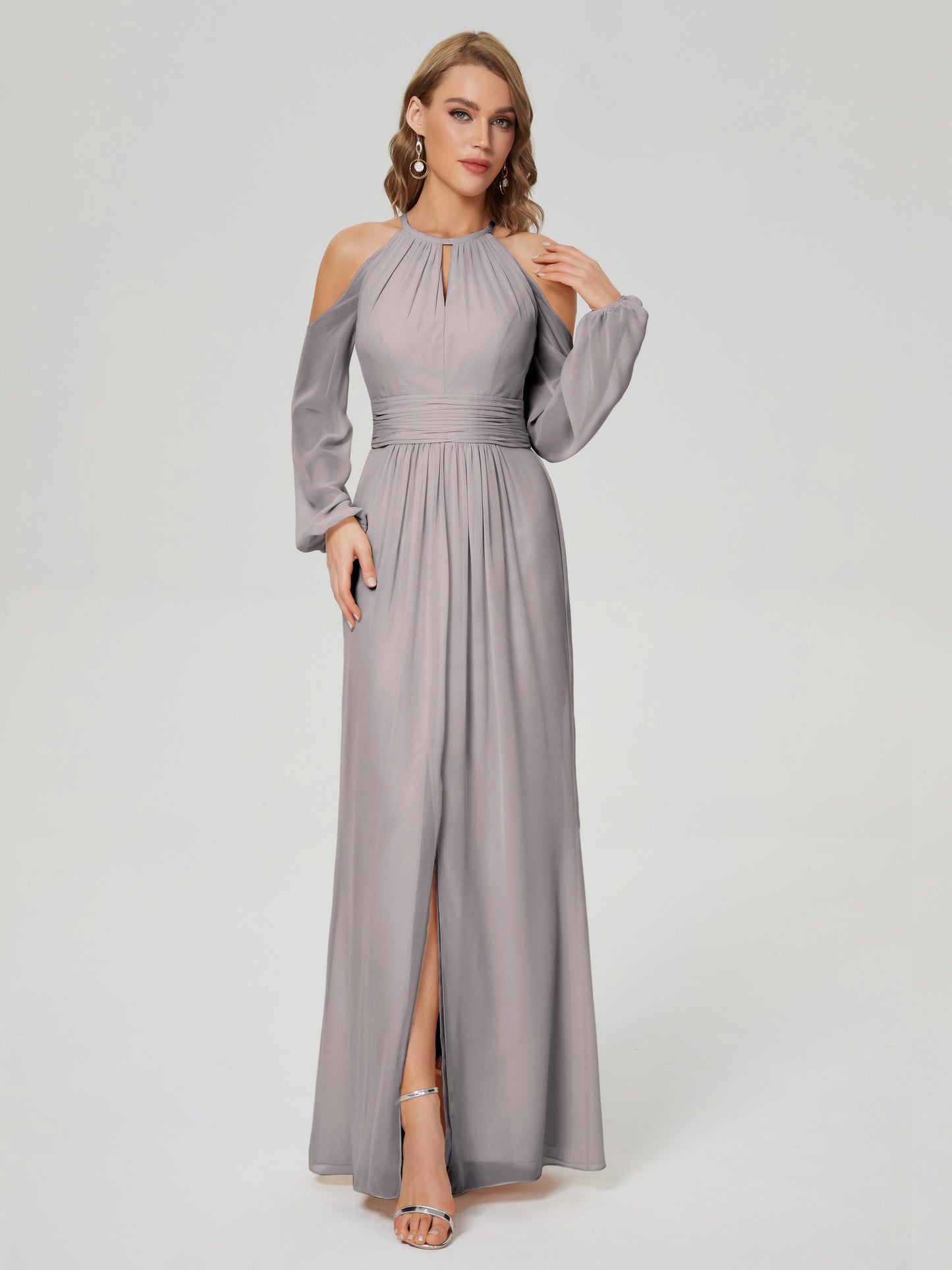 Phoebe Long Sleeves Column Chiffon Bridesmaid Dress