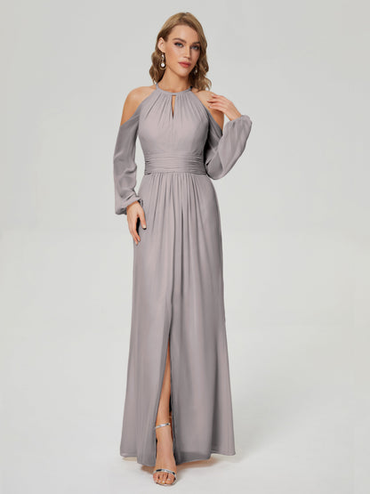 Phoebe Long Sleeves Column Chiffon Bridesmaid Dress
