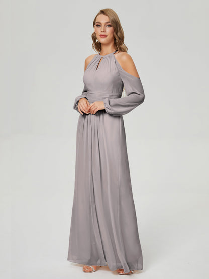 Phoebe Long Sleeves Column Chiffon Bridesmaid Dress