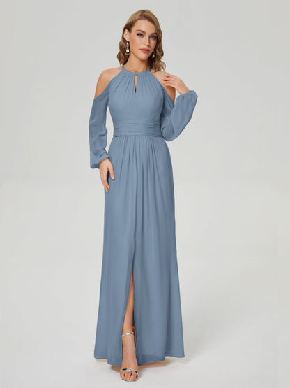 Phoebe Long Sleeves Column Chiffon Bridesmaid Dress