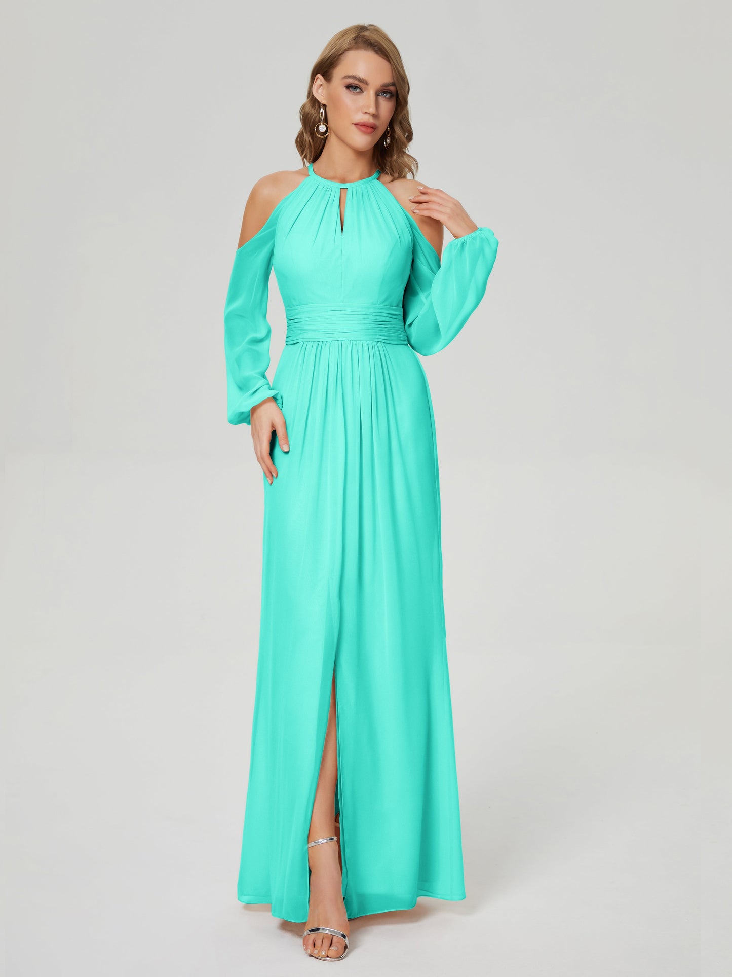 Phoebe Long Sleeves Column Chiffon Bridesmaid Dress