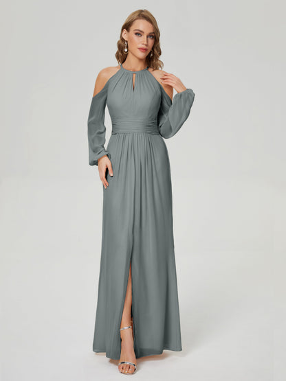 Phoebe Long Sleeves Column Chiffon Bridesmaid Dress