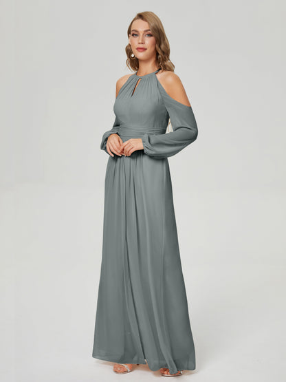 Phoebe Long Sleeves Column Chiffon Bridesmaid Dress