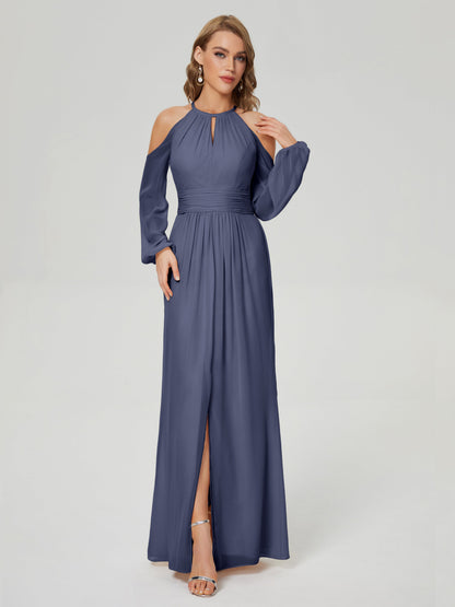 Phoebe Long Sleeves Column Chiffon Bridesmaid Dress