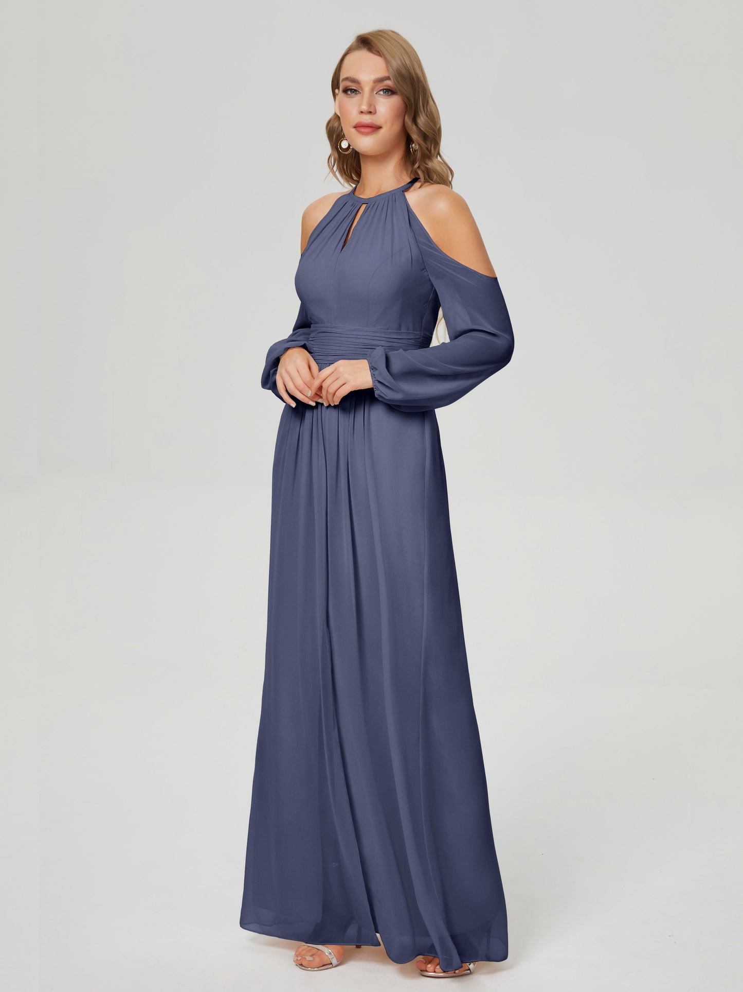 Phoebe Long Sleeves Column Chiffon Bridesmaid Dress