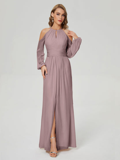 Phoebe Long Sleeves Column Chiffon Bridesmaid Dress